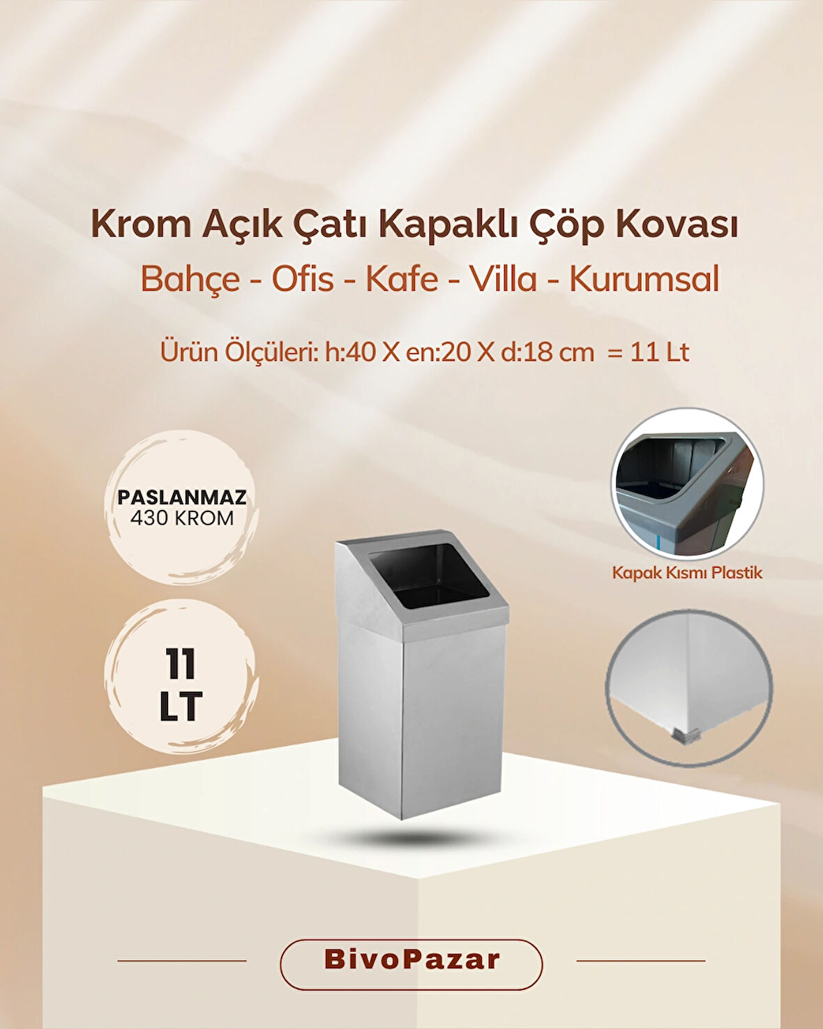 Krom Açık Çatı Kapaklı Çöp Kovası 11 Lt