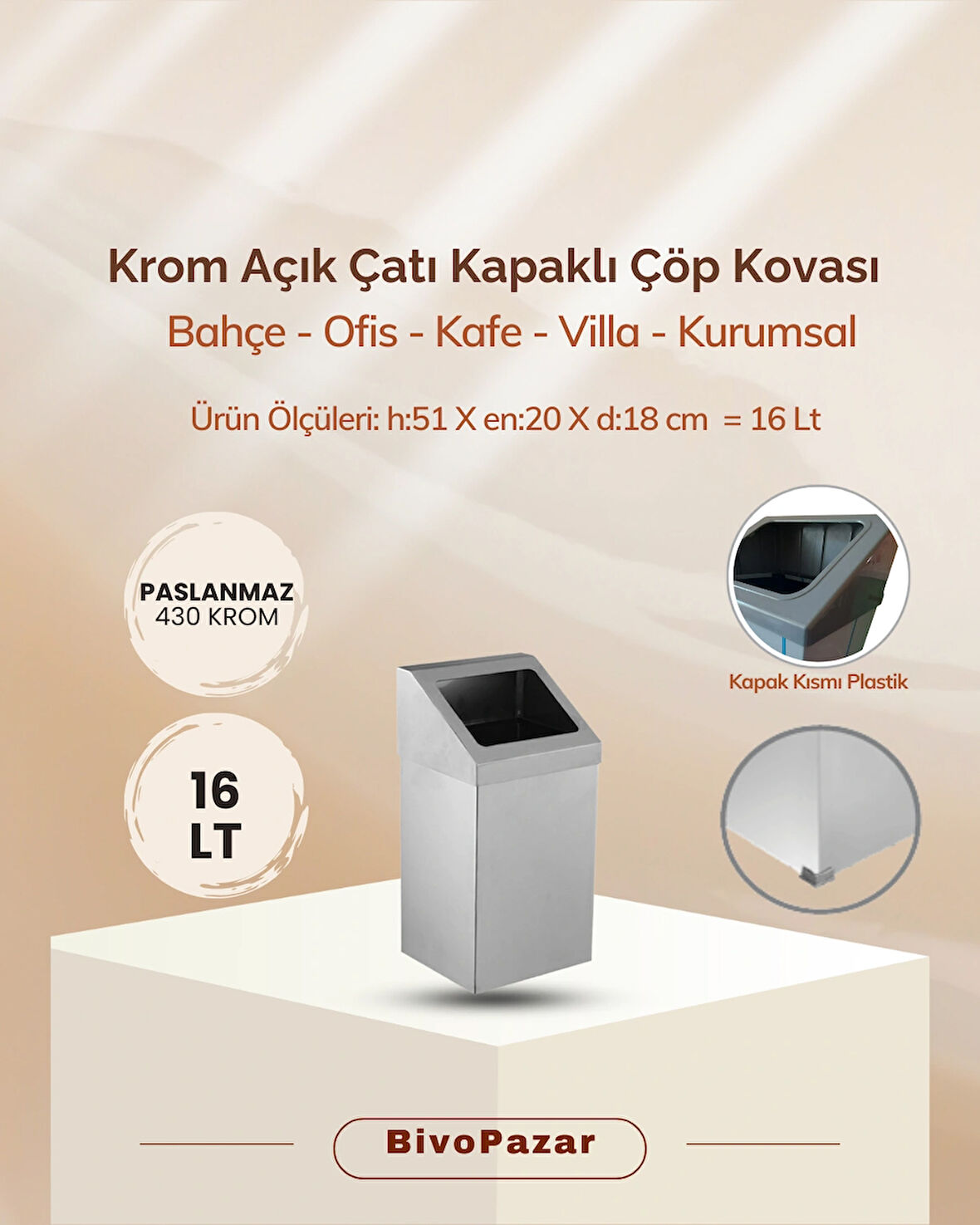 Krom Açık Çatı Kapaklı Çöp Kovası 16 Lt