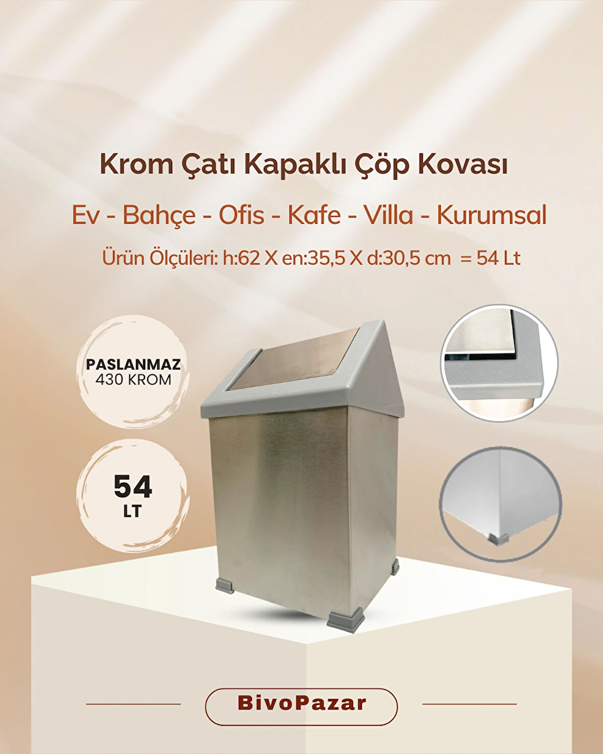 Krom Sallanır Çatı Kapaklı Çöp Kovası 54 Lt