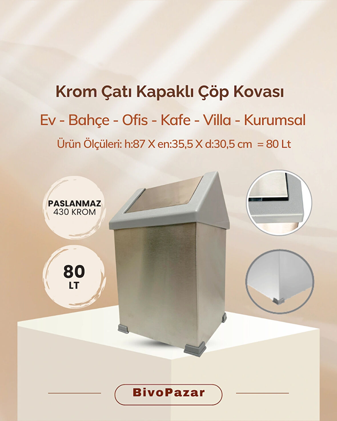 Krom Sallanır Çatı Kapaklı Çöp Kovası 80 Lt