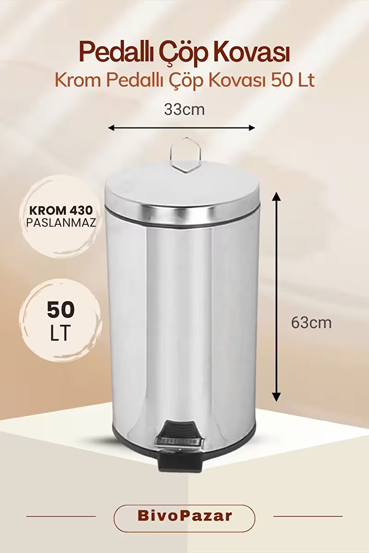 Paslanmaz Krom 50 Lt Pedallı Çöp Kovası