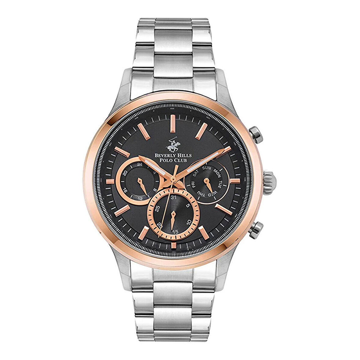 Beverly Hills Polo Club BP3026X.550 Erkek Kol Saati | 45 mm Gümüş Çelik Kordon, Rose Gold Bezel, Siyah Kadran