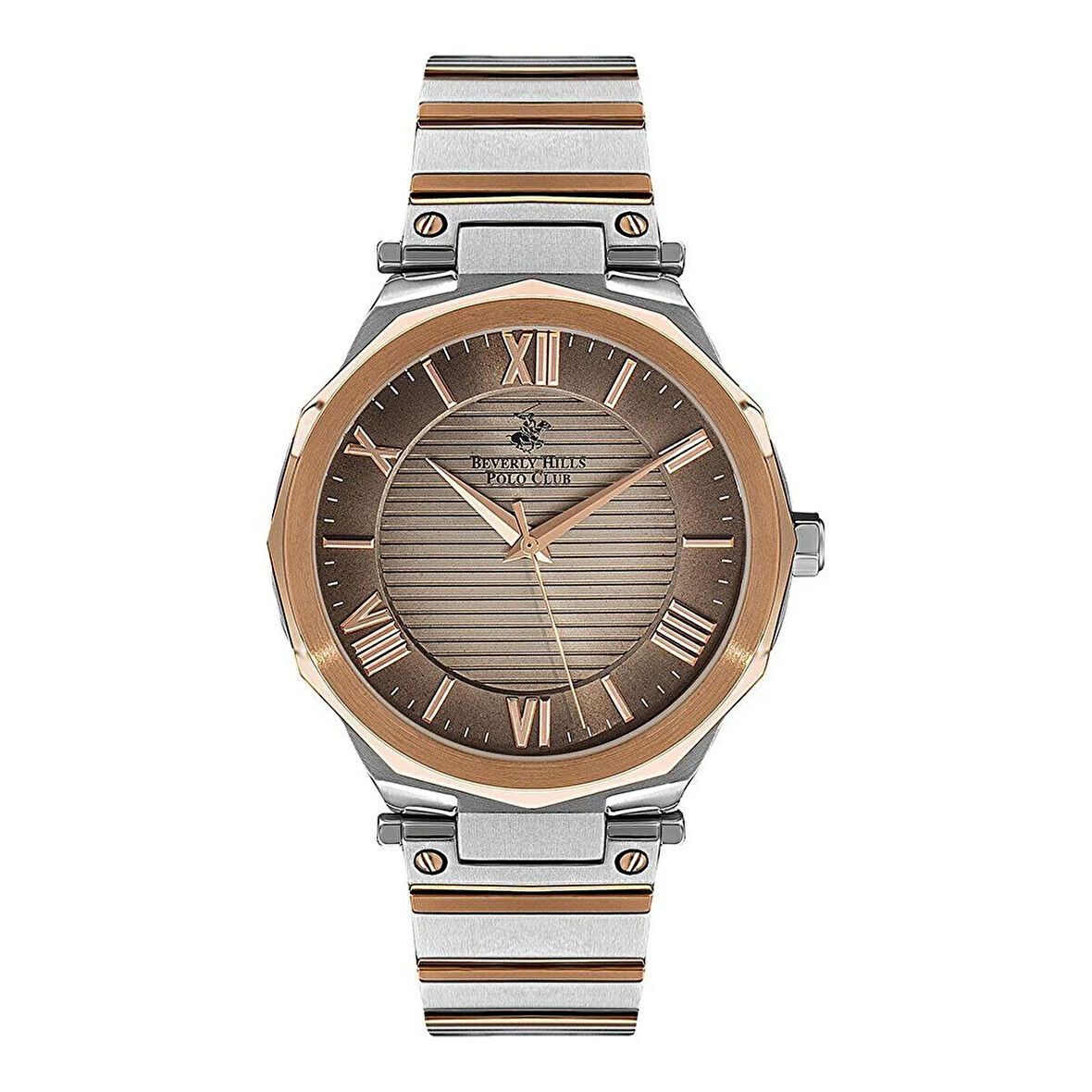 Beverly Hills Polo Club BP3135X.540 Erkek Kol Saati | 42 mm Silver-Rose Gold Çelik Kasa, Kahverengi Kadran, Seramik Safir Kaplamalı Cam