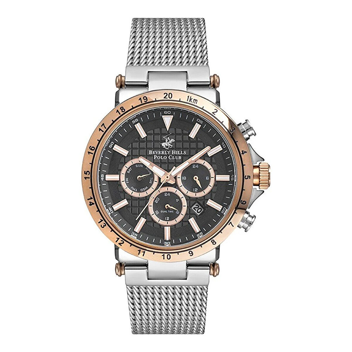 Beverly Hills Polo Club BP3144X.560 Erkek Kol Saati | 44 mm Gümüş Hasır Kordon, Rose Gold Detaylar, Siyah Kadran