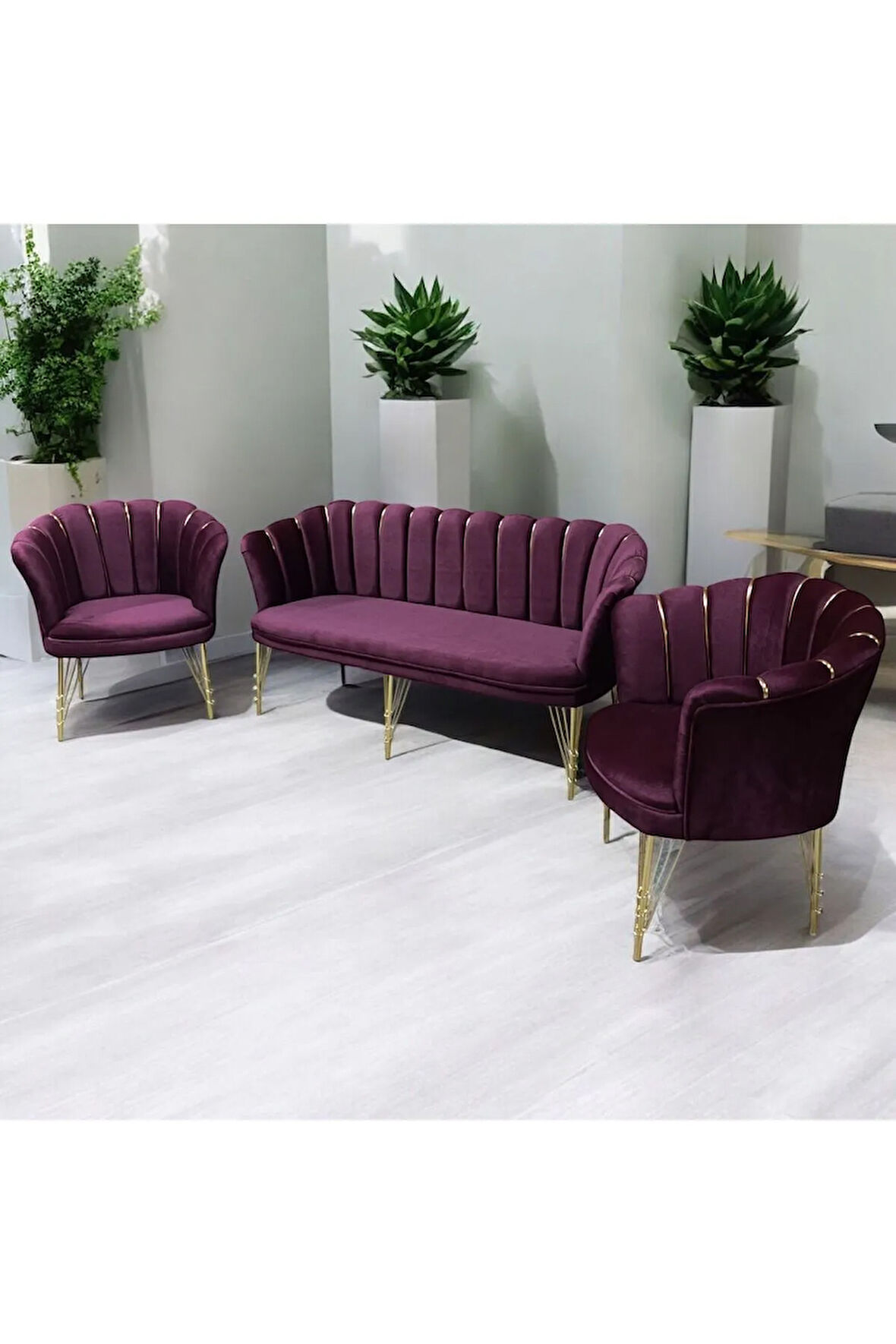 Bordo Kumaş Gümüş Metal Ayak - Balkon Ofis Bekleme Çay Seti Koltuk Takımı