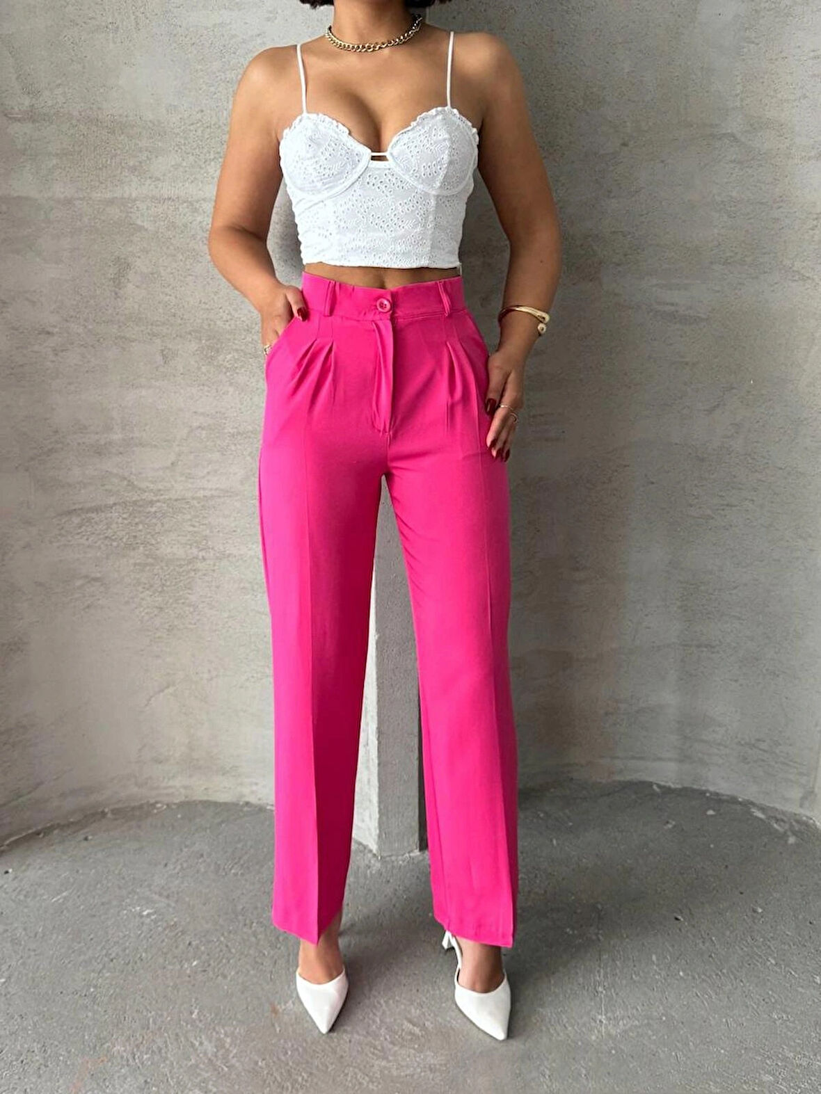 Pembe Renk Yüksek Bel Palazzo Kadın Pantolon