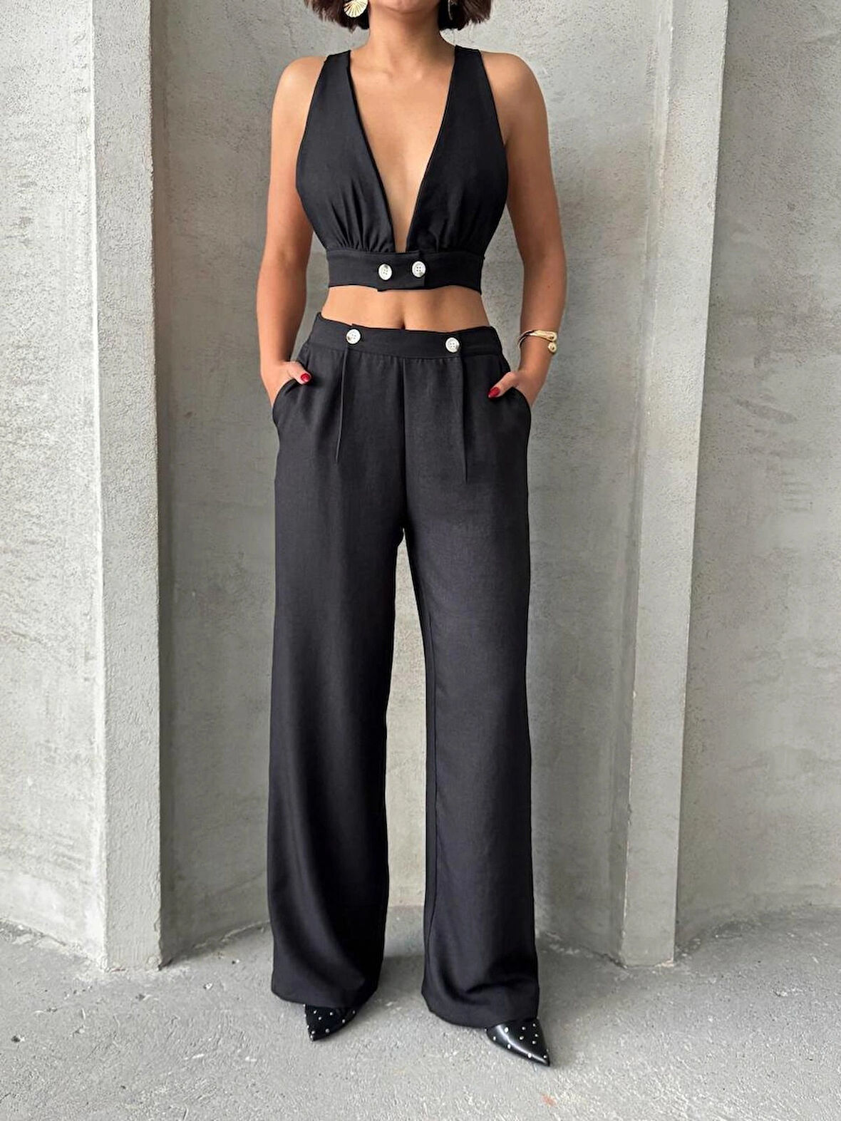 Siyah Keten Kumaş Kadın Crop Pantolon Takım