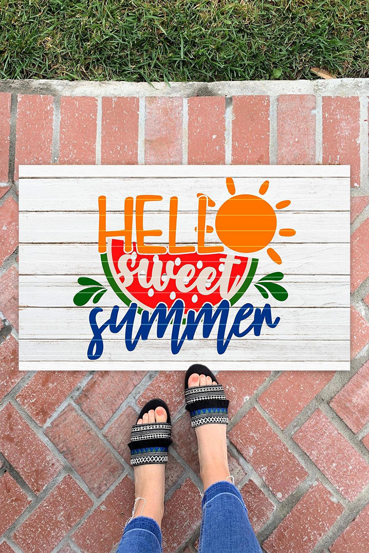 Hello Summer İç ve Dış Mekan Dekoratif Çok Amaçlı Kapı Önü Paspası