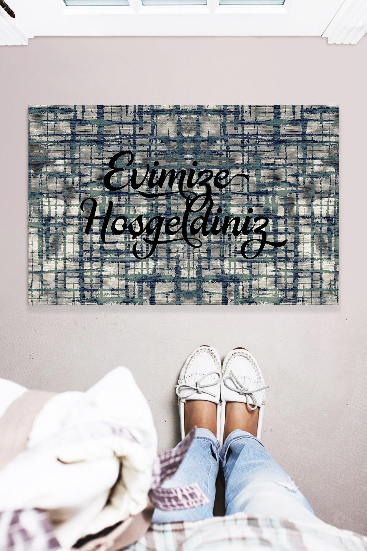 Evimize Hoşgeldiniz Eskitme Dekoratif Çok Amaçlı Kapı Önü Paspası 45x70