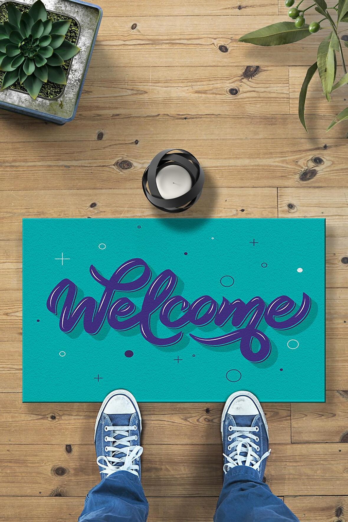 Welcome Turkuaz Dekoratif Kapı Önü Paspası 45x70