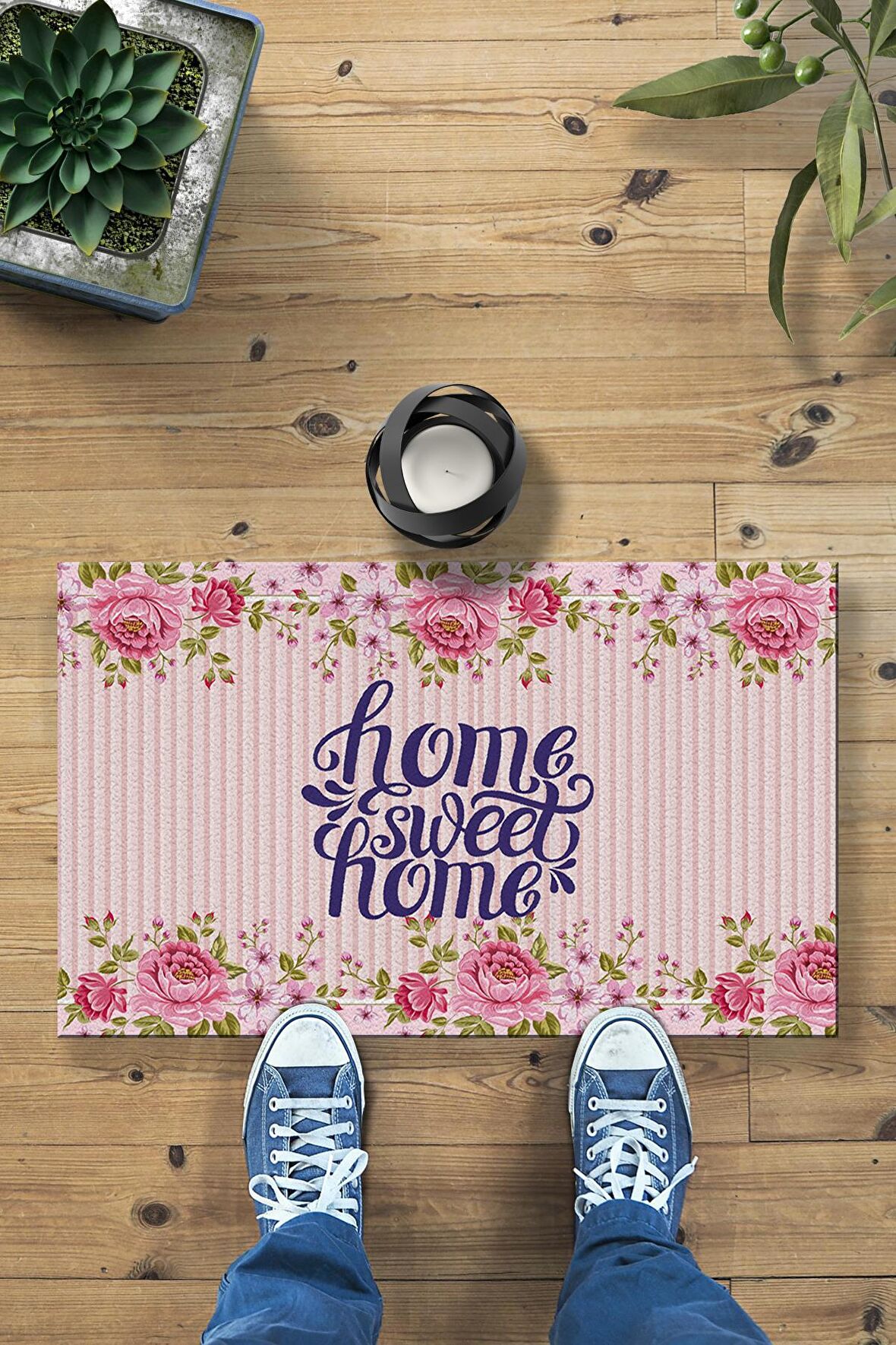 Home Sweet Home Çiçekli Dekoratif Kapı Önü Paspası 45x70