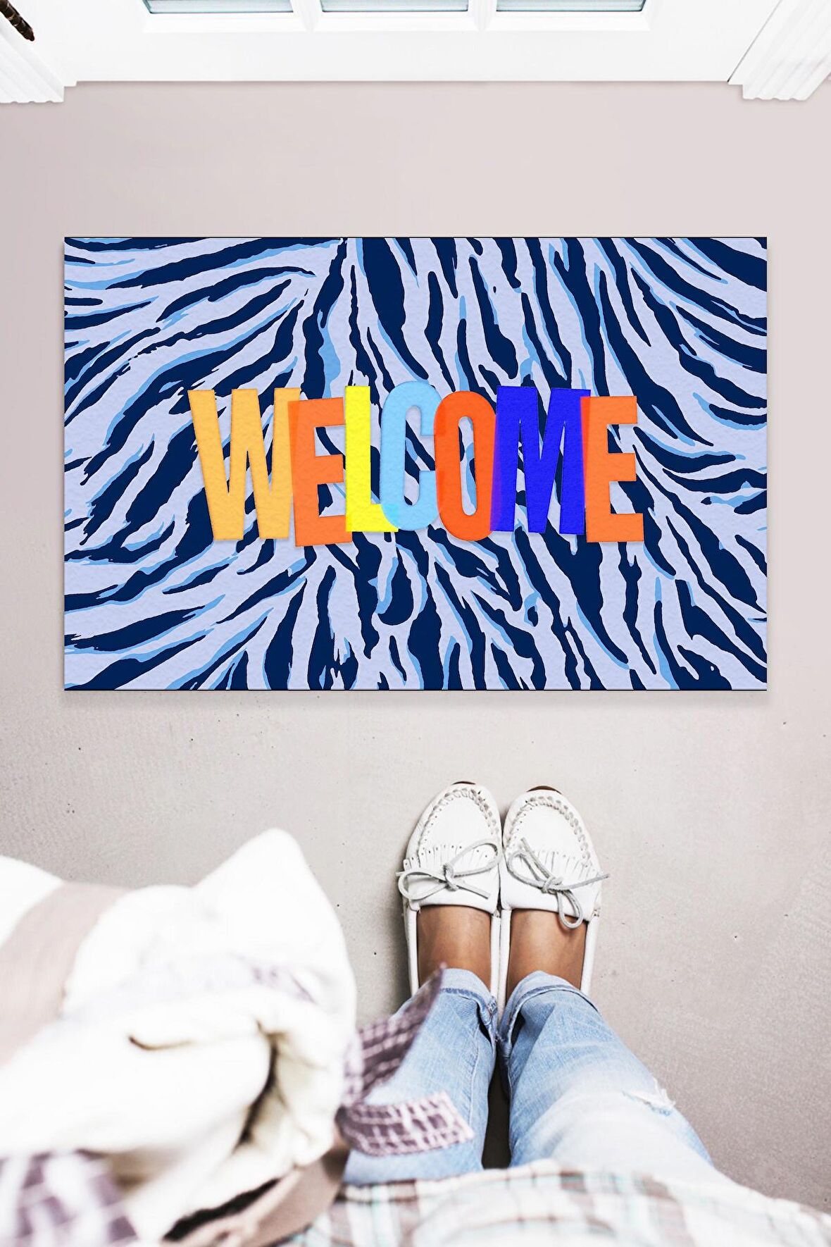 Welcome Zebra Desen Çok Amaçlı İç ve Dış Mekan Dekoratif Kapı Önü Paspası 45x70