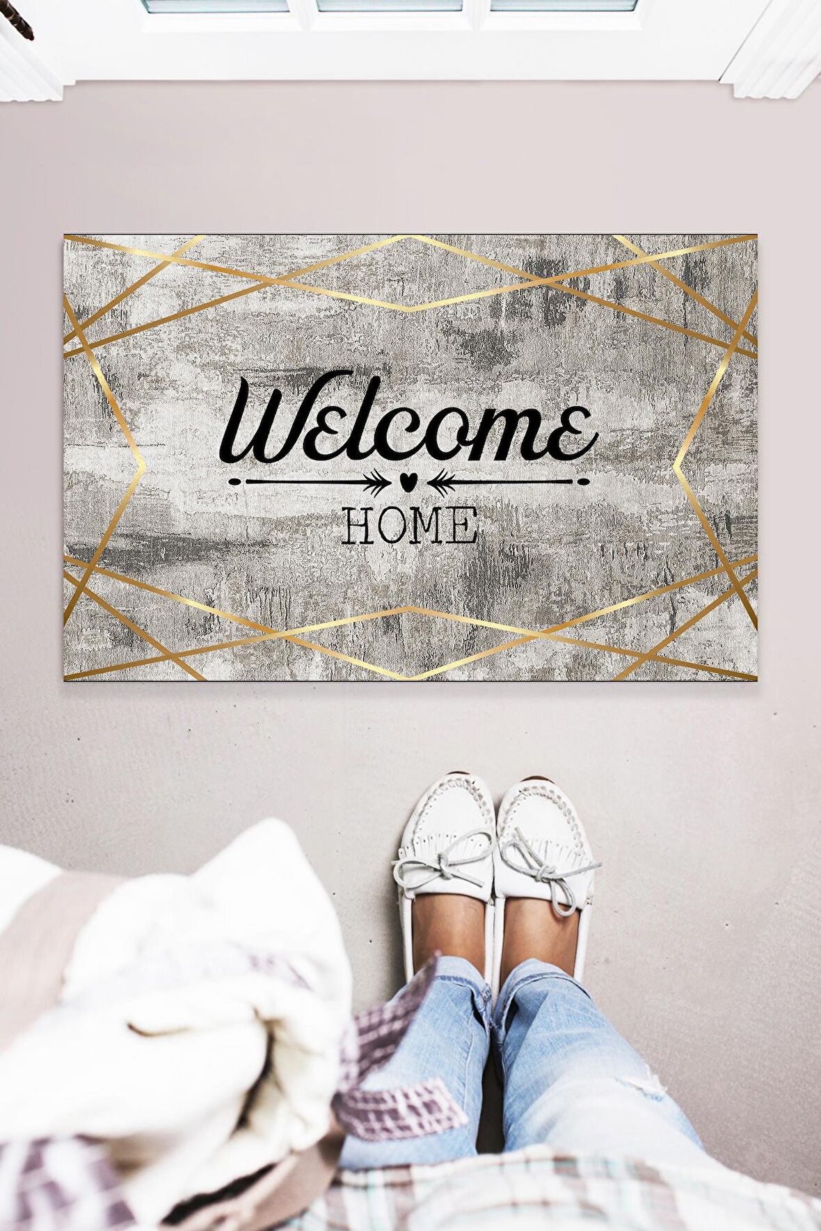 Eskitme Welcome Home Dekoratif Çok Amaçlı İç ve Dış Mekan Kapı Önü Paspası 45x70