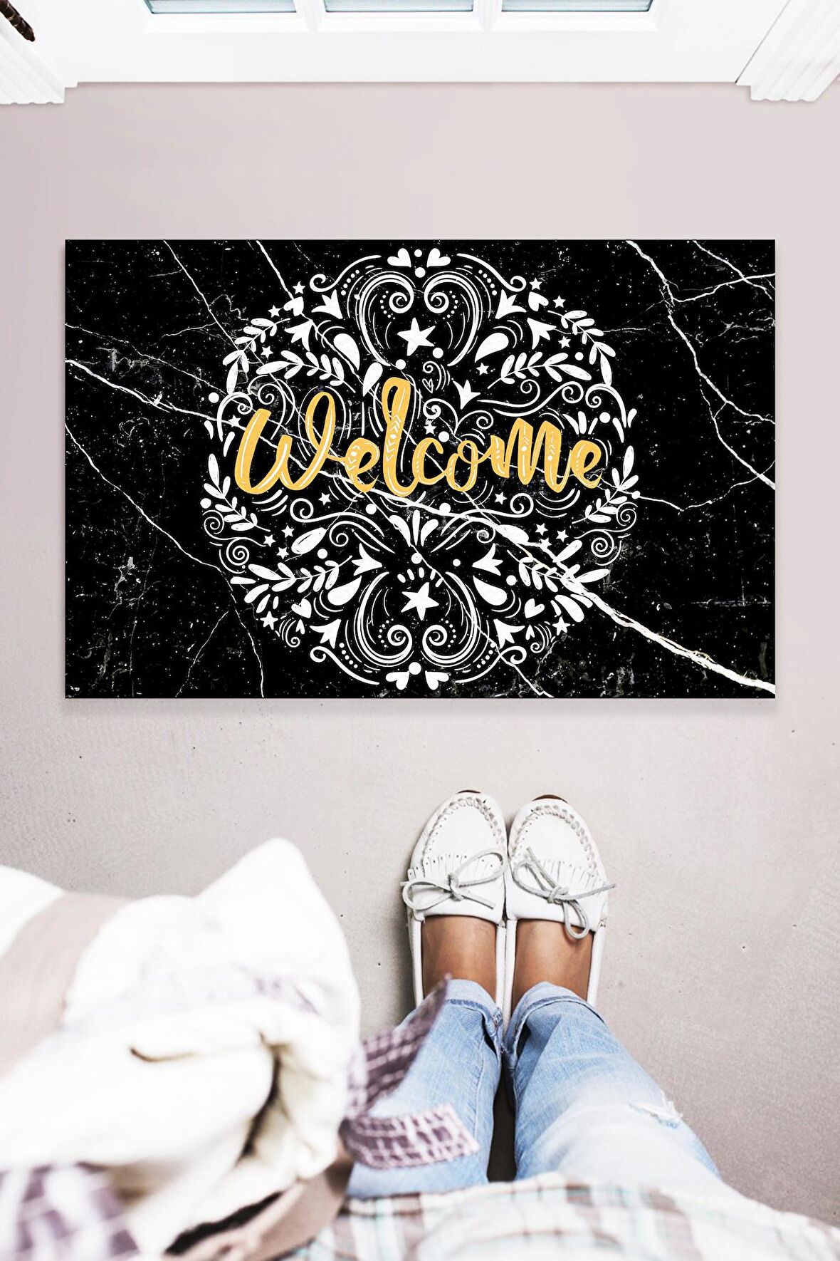 Siyah Granit Welcome Çok Amaçlı Dekoratif İç ve Dış Mekan Kapı Önü Paspası 45x70