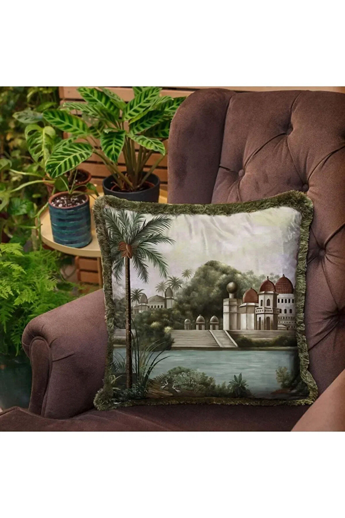 Manzara Tasarımlı Kadife Yastık (dolgu Boncuk Elyaf Uluslararası Yıkama Ve Solmama Sertifikası)