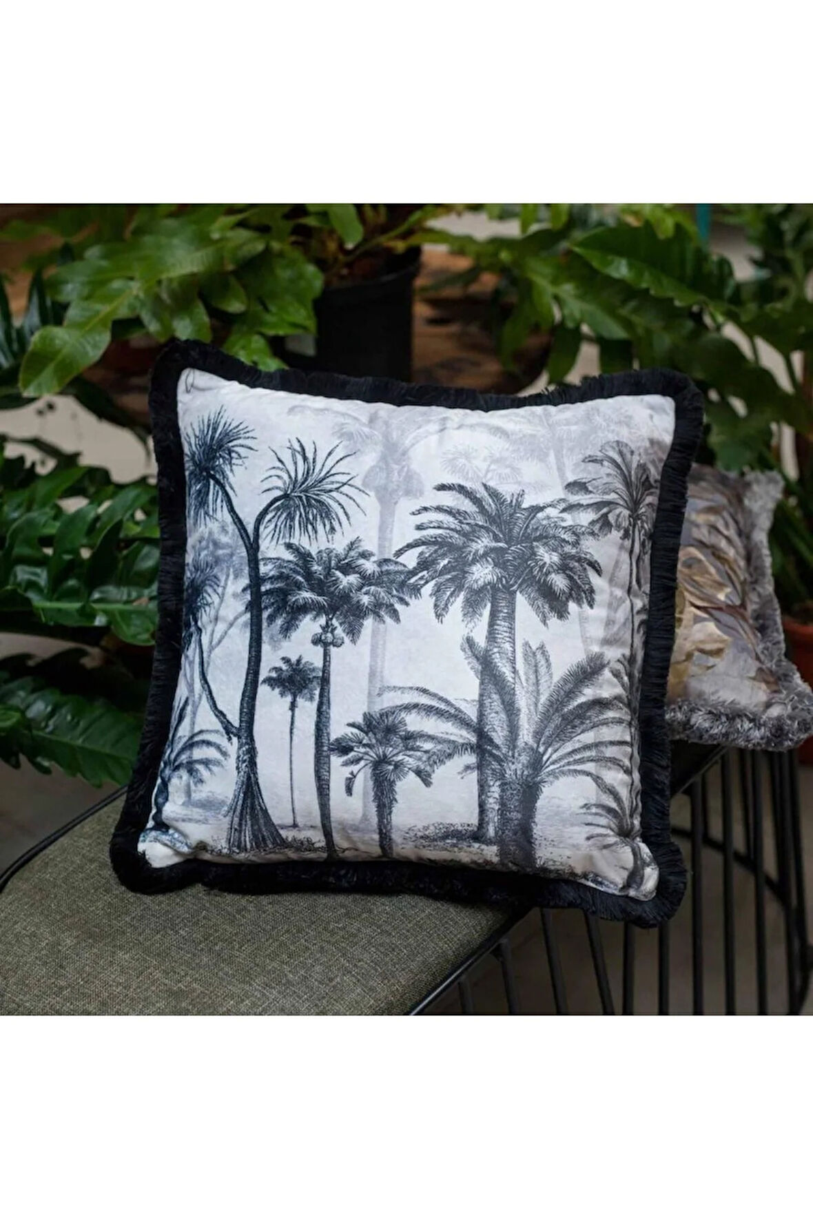 Siyah Palmiye Kadife Yastık (dolgu Boncuk Elyaf Uluslararası Yıkama Ve Solmama Sertifikası)