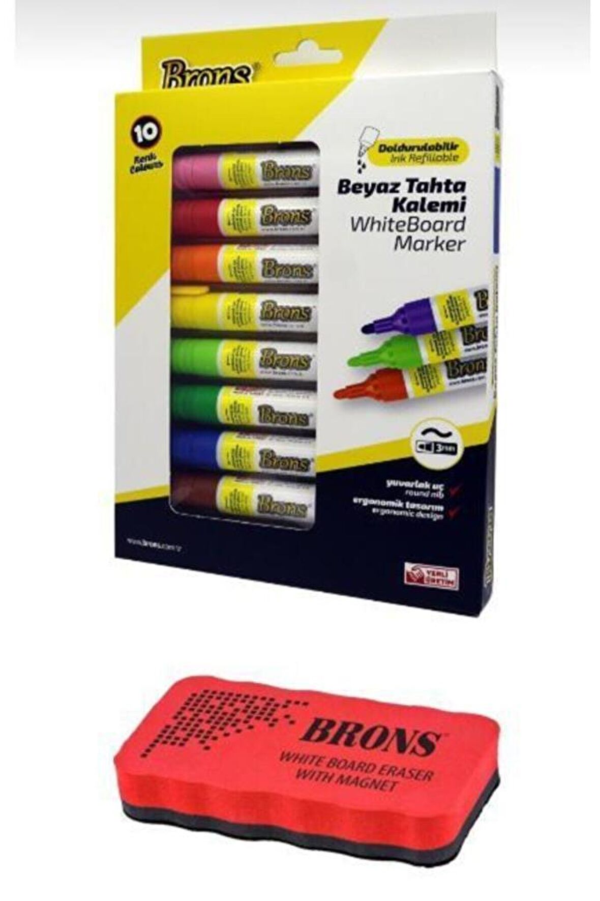 Brons Whiteboard Marker Doldurulabilir Beyaz Tahta Kalemi Seti 10 Renk + Tahta Silgisi BR-10