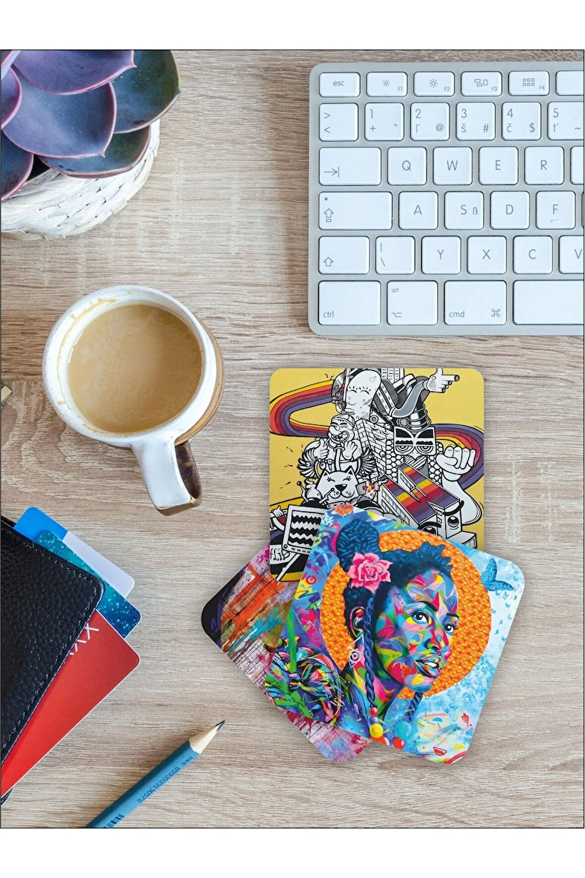 Sanat Kadın Temalı Ahşap Bardak Altlığı Ahşap Baskılı Altlık 6'lı Set (9 X9CM)