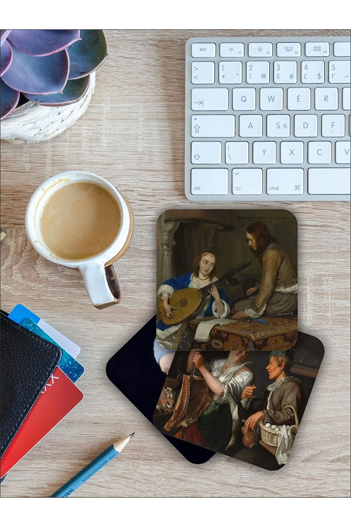 Johannes Vermeer Sanatı Temalı Ahşap Bardak Altlığı Ahşap Baskılı Altlık 6'lı Set (9 X9CM)