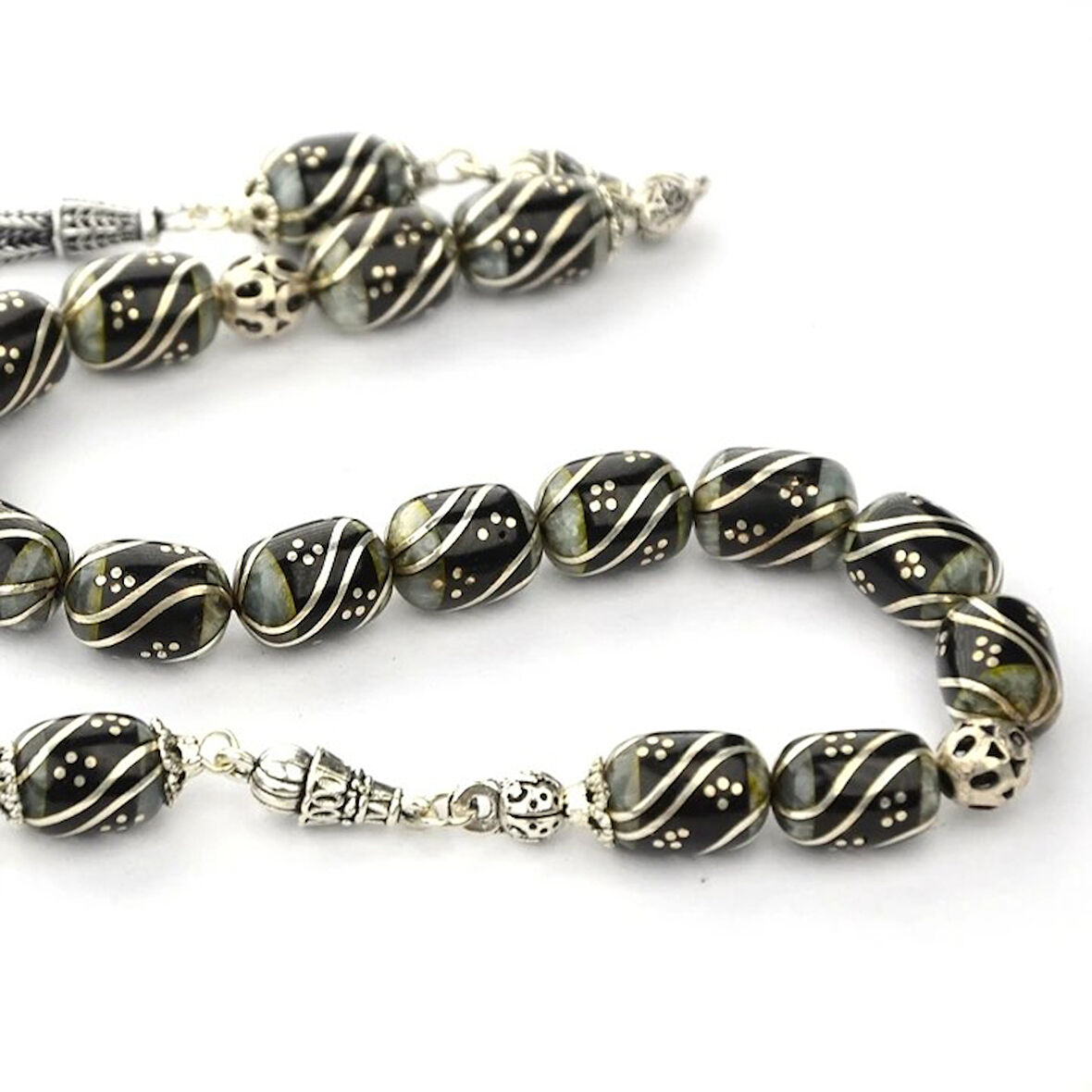 Oltu Taşı ve Galalith Çift Çeşmi Bülbül İşleme Kapsül Kesim Zaza Tespih