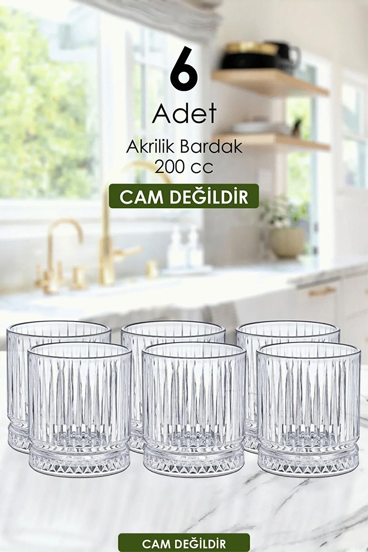 6 Adet Kristal Akrilik Su & Meşrubat Bardak Seti 200 Cc Şeffaf (cam Değildir)