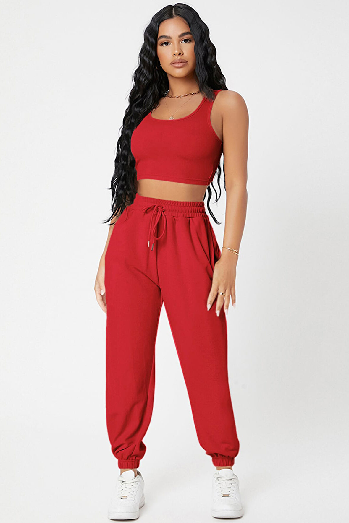 Kadın Kırmızı Kaşkorse Cepli Jogger Eşofman Altı Ve Crop Top Bluz