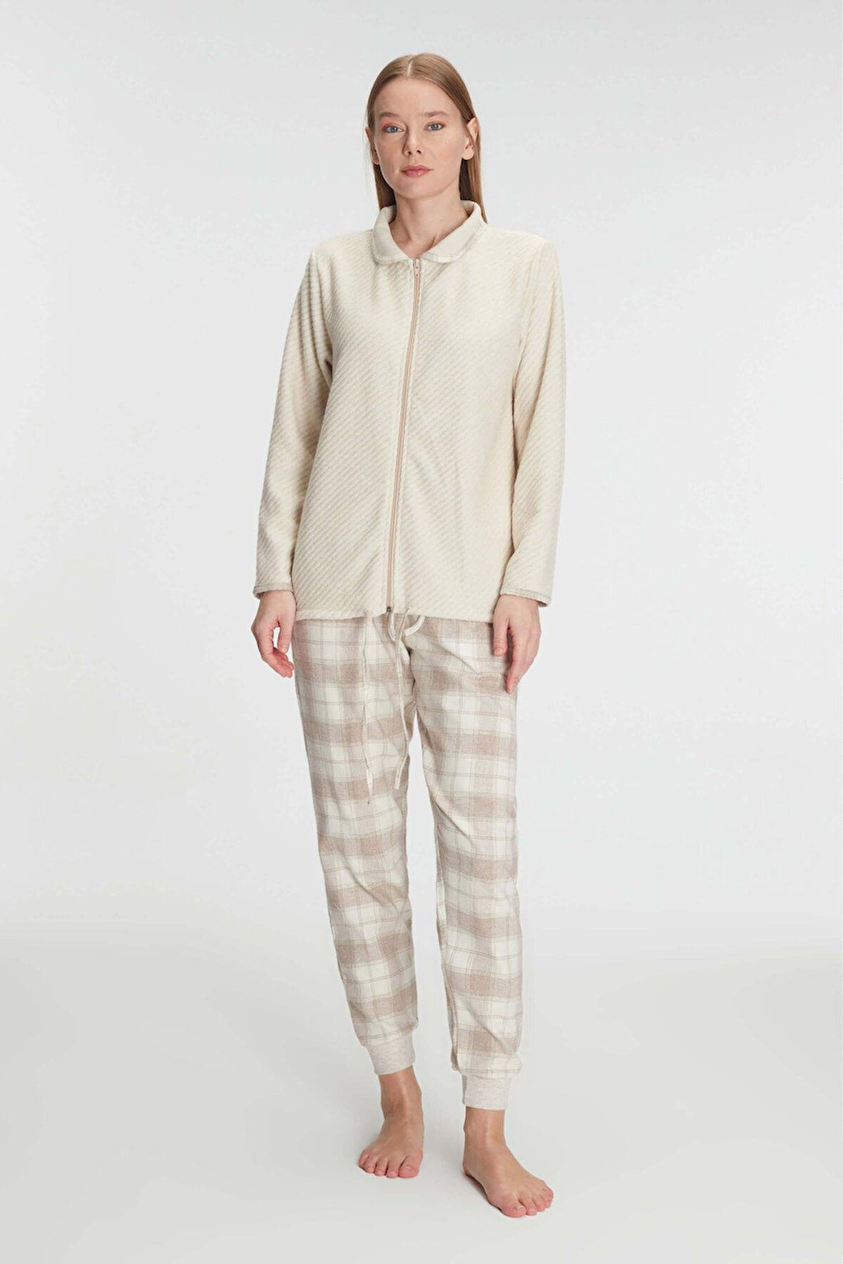 Fermuarlı Uzun Kol Sweatshirt Pantolon Takım Viskon Ve Pamuklu Pijama Takımı