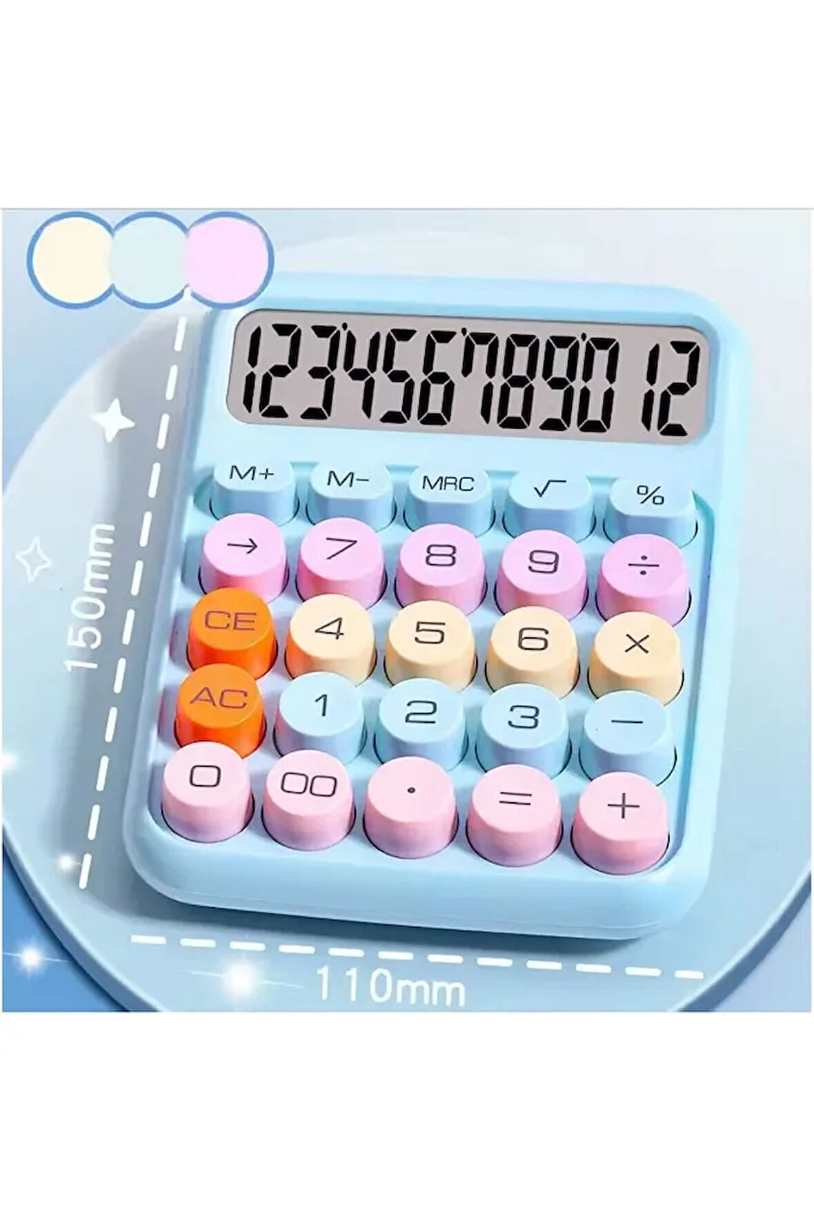 12 Haneli Geniş LCD Ekran Yuvarlak Düğme Sevimli Şeker Renkli Hesap Makinesi Mavi