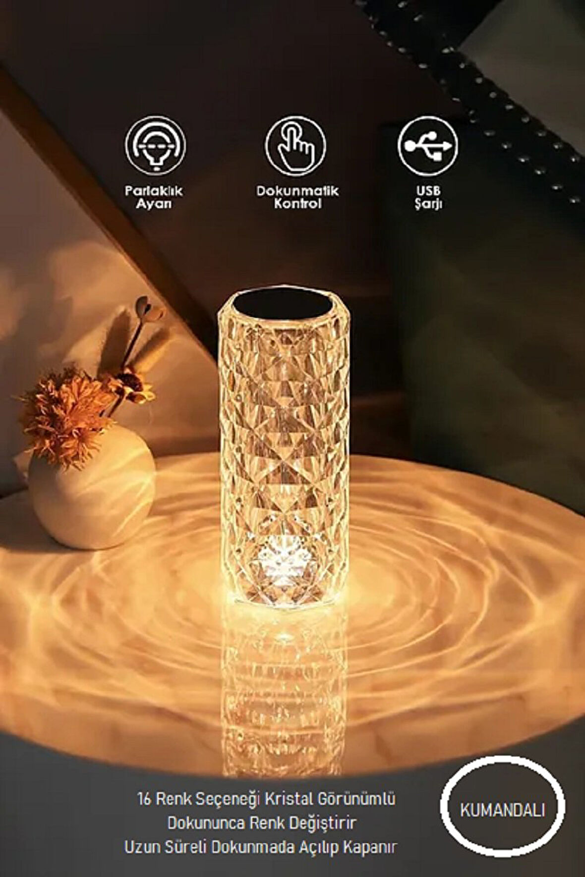 Dokunmatik Kristal Lamba 16 Renk RGB Uzaktan Kumandalı USB Şarjlı Led Masa Lambası Gece Lambası
