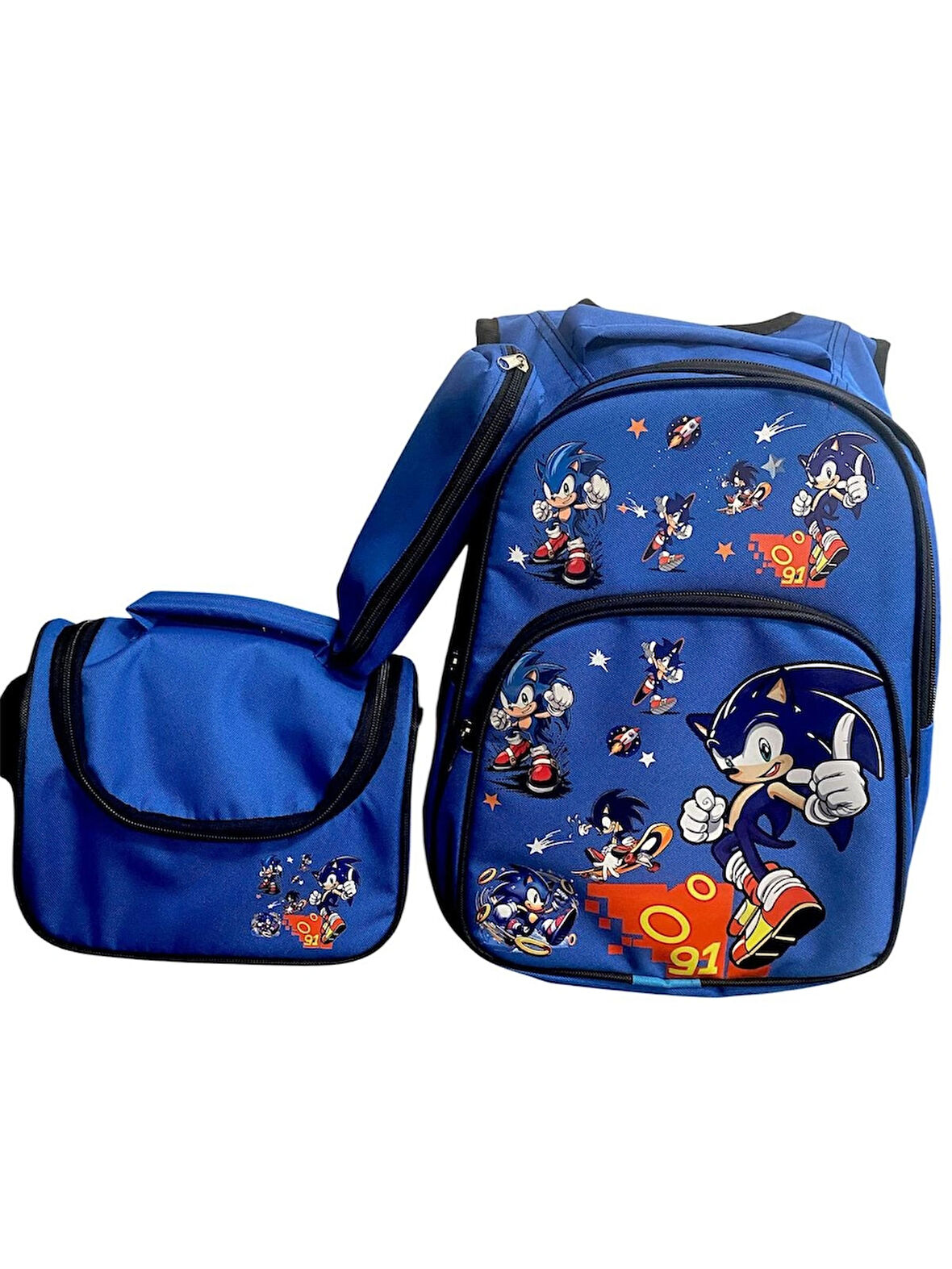 SONIC DESENLİ Koyu Mavi Üçlü Erkek Çocuk İlkokul  Okul Çantası + Termal Beslenme Çantası + Kalemlik