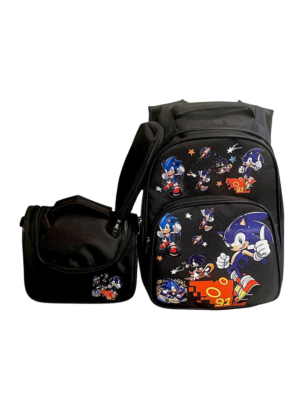 SONIC DESENLİ Siyah Üçlü Erkek Çocuk İlkokul  Okul Çantası + Termal Beslenme Çantası + Kalemlik