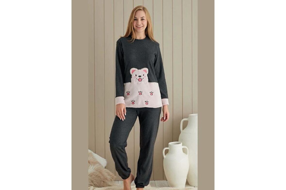 Antrasit REnginde Büyük Köpek Patch NakışlıKadın Pijama Takımı