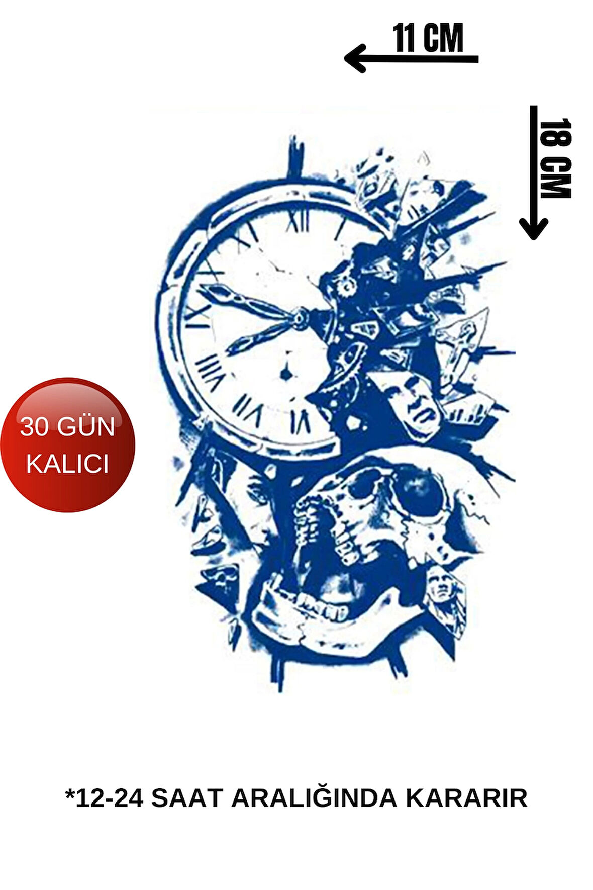 Saat Ve Kuru Kafa Figürlü 12 Saat Sonra Kararan Geçici Dövme Tattoo