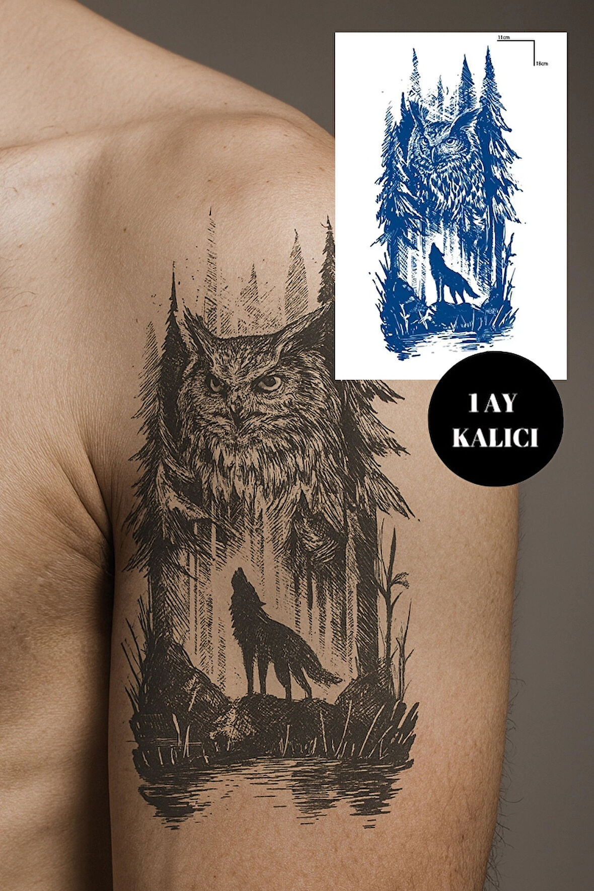 Baykuş Ve Kurt Figürlü 12 Saat Sonra Kararan Geçici Orta Dövme Tattoo