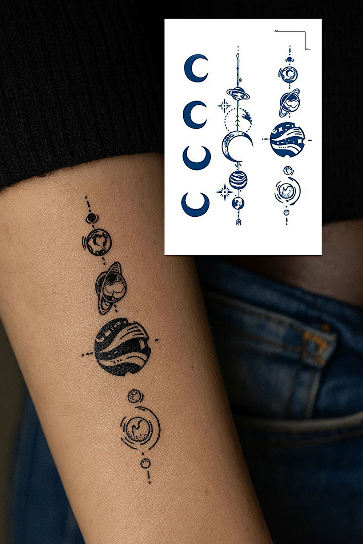Gezegen Ve Ay Figürlü 12 Saat Sonra Kararan Geçici Dövme Tattoo