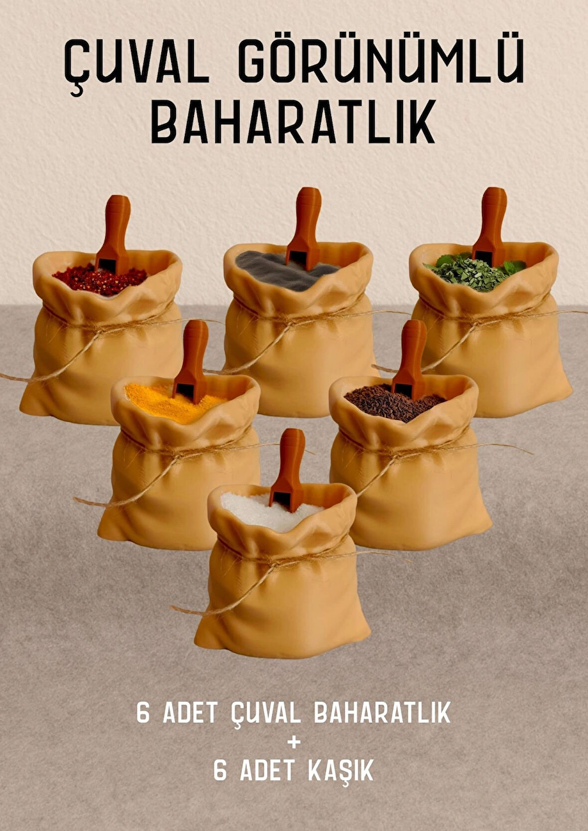6'lı Çuval Görünümlü Kaşıklı Baharatlık Seti-Baharatlık Takımı-Baharatlık