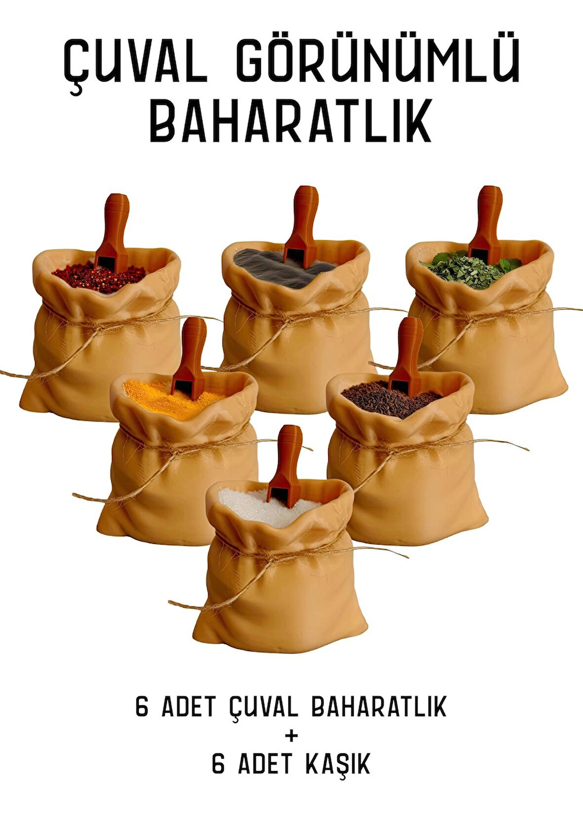 6'lı Çuval Görünümlü Kaşıklı Baharatlık Seti-Baharatlık Takımı-Baharatlık