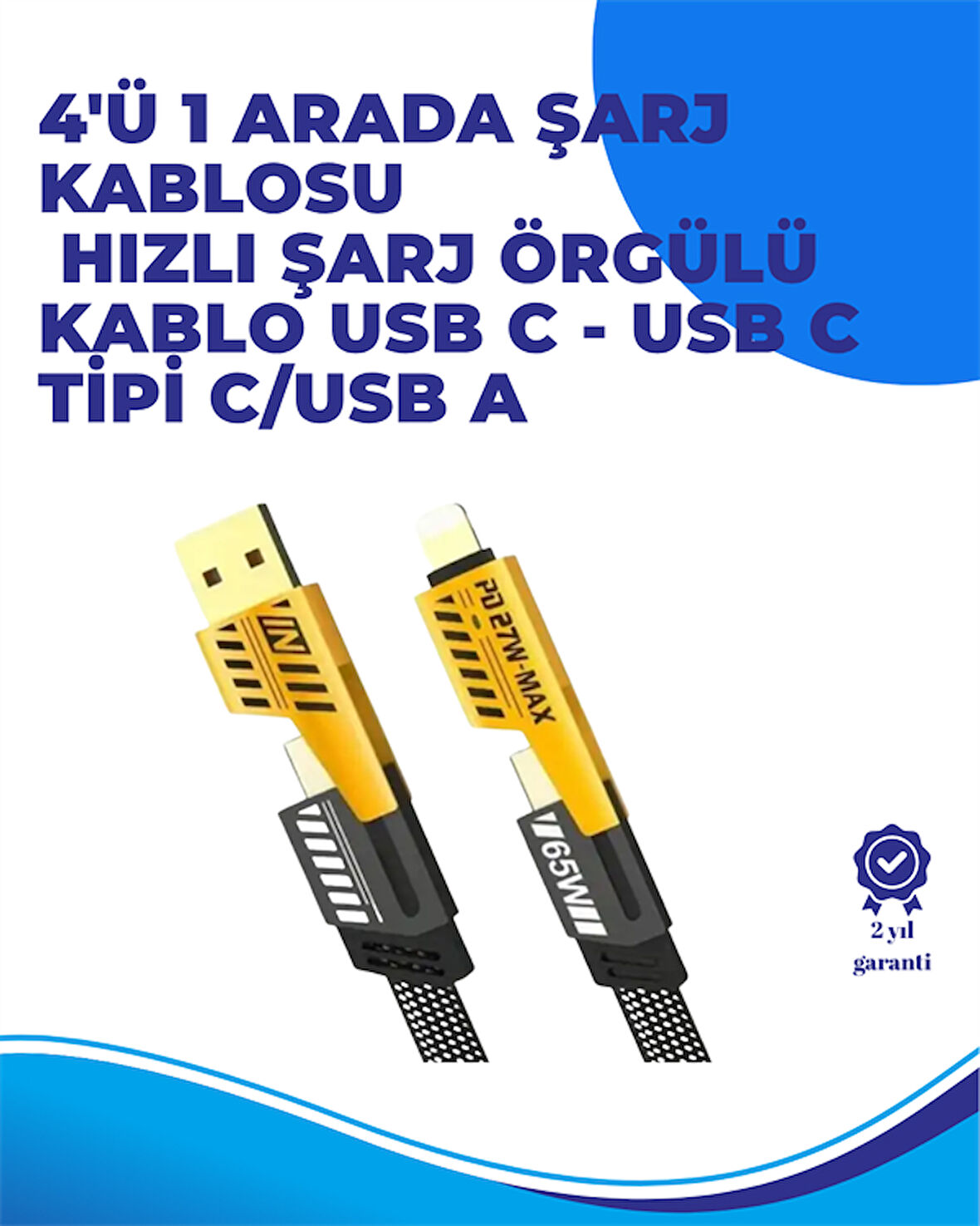65W 4'ü 1 Arada Çoklu Şarj Kablosu – USB-C, USB-A, Lightning, Veri ve Şarj Desteği