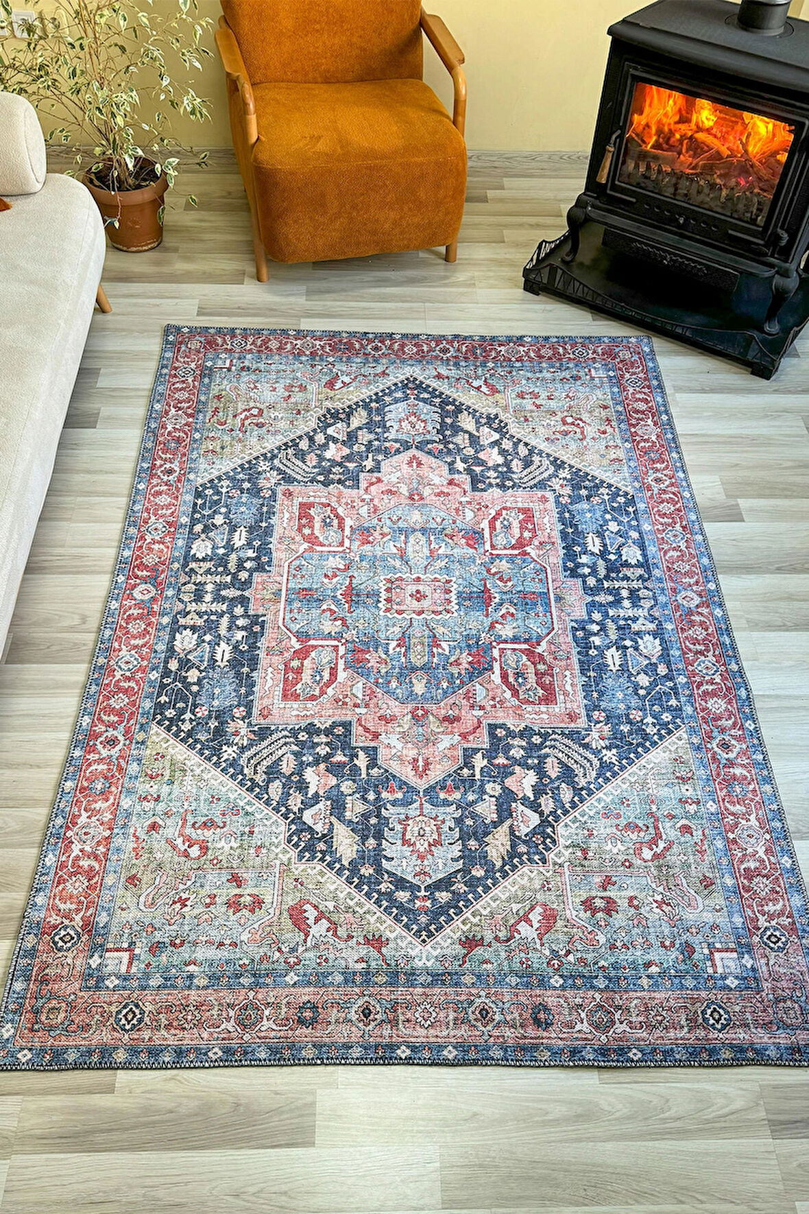 Klasik Etnik Desen Vintage Dokuma Şönil Halı Yıkanabilir Eskitme Salon Halısı Kilim
