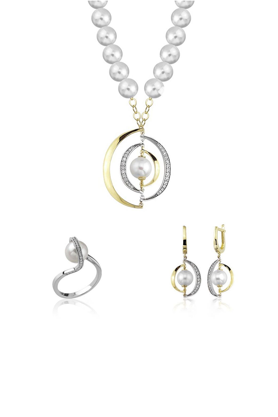 Birinci1926 14 Ayar Altın Kadın Halka Detay Taşlı Çift Renk İnci Set