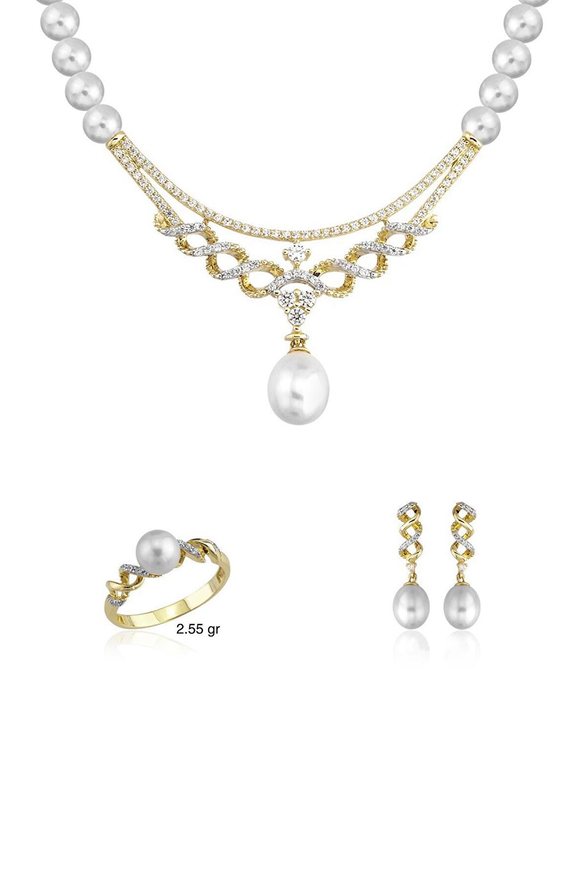 Birinci1926 14 Ayar Altın Kadın Burgu Detay Taşlı İnci Set