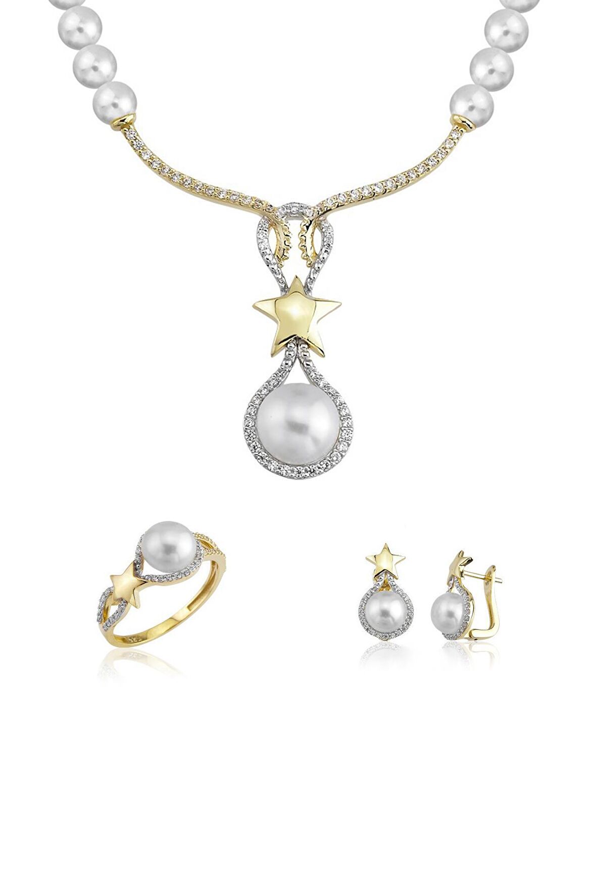 Birinci1926 14 Ayar Altın Kadın Yıldız Taşlı İnci Set