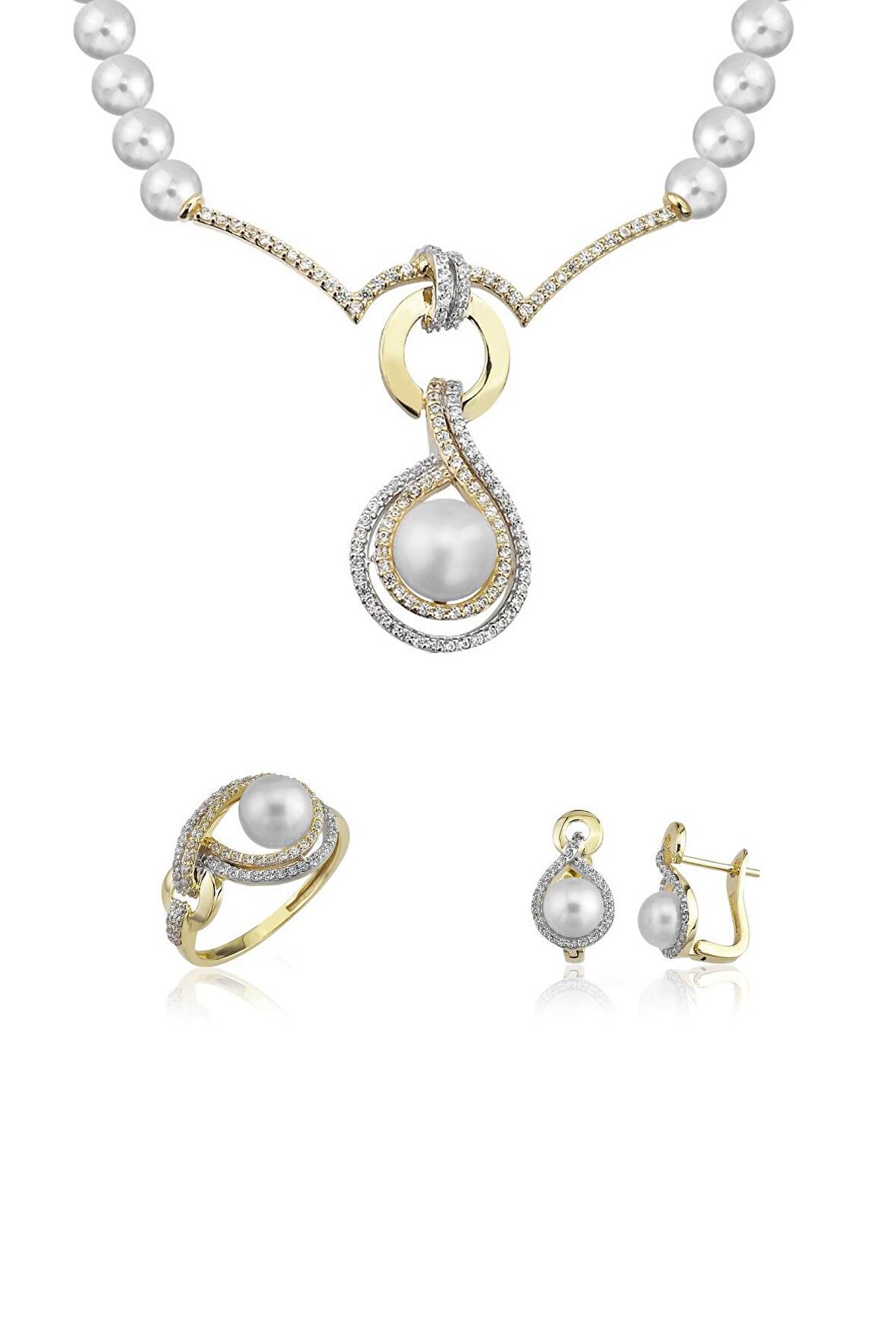 Birinci1926 14 Ayar Altın Kadın Yuvarlak Detay Taşlı Set İncili