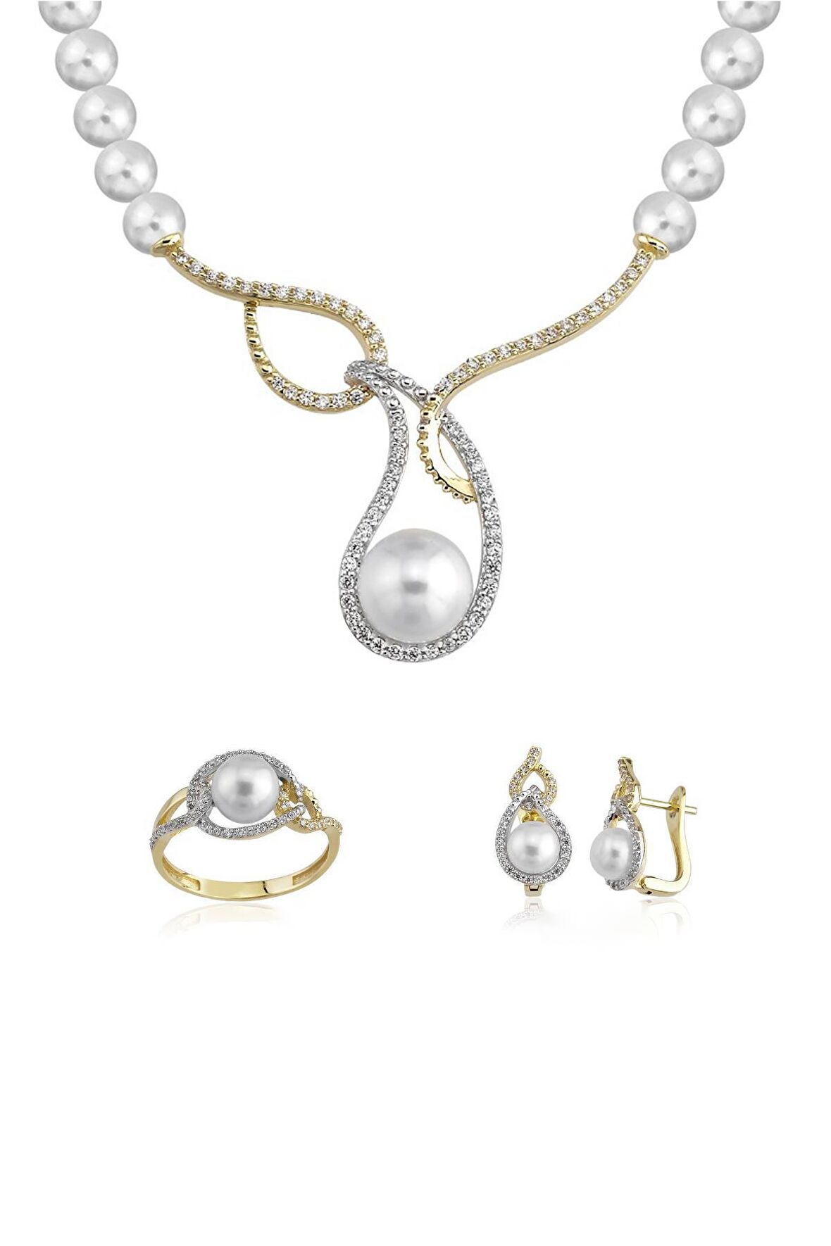 Birinci1926 14 Ayar Altın Kadın Damlacık Taşlı İnci Set