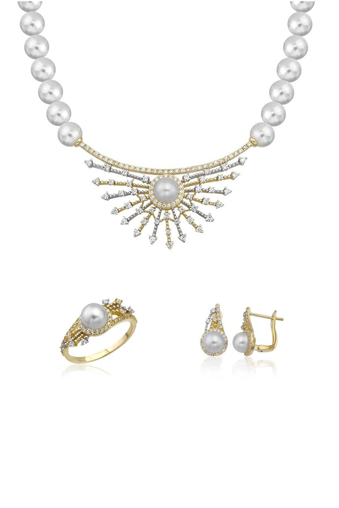 Birinci1926 14 Ayar Altın Kadın Güneş Işığı İnci Set