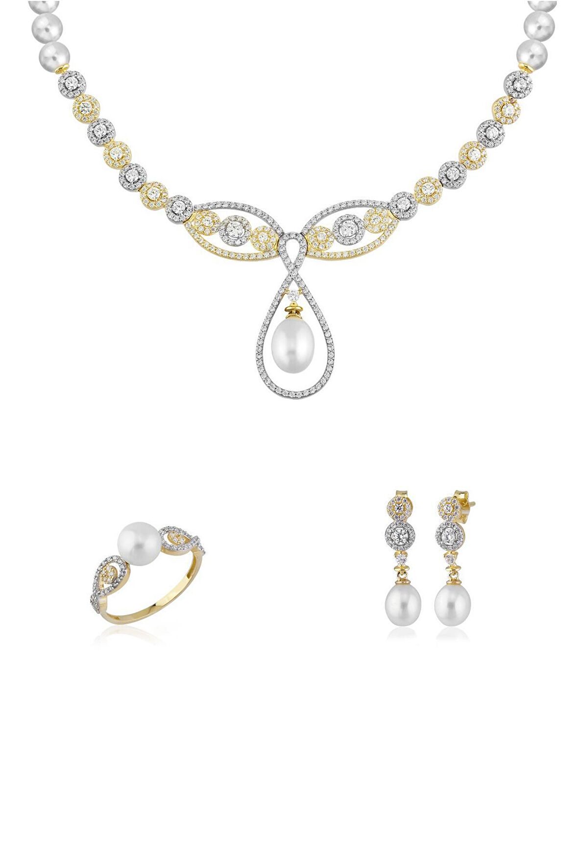 Birinci1926 14 Ayar Altın Kadın Yuvarlak Taşlı İnci Set