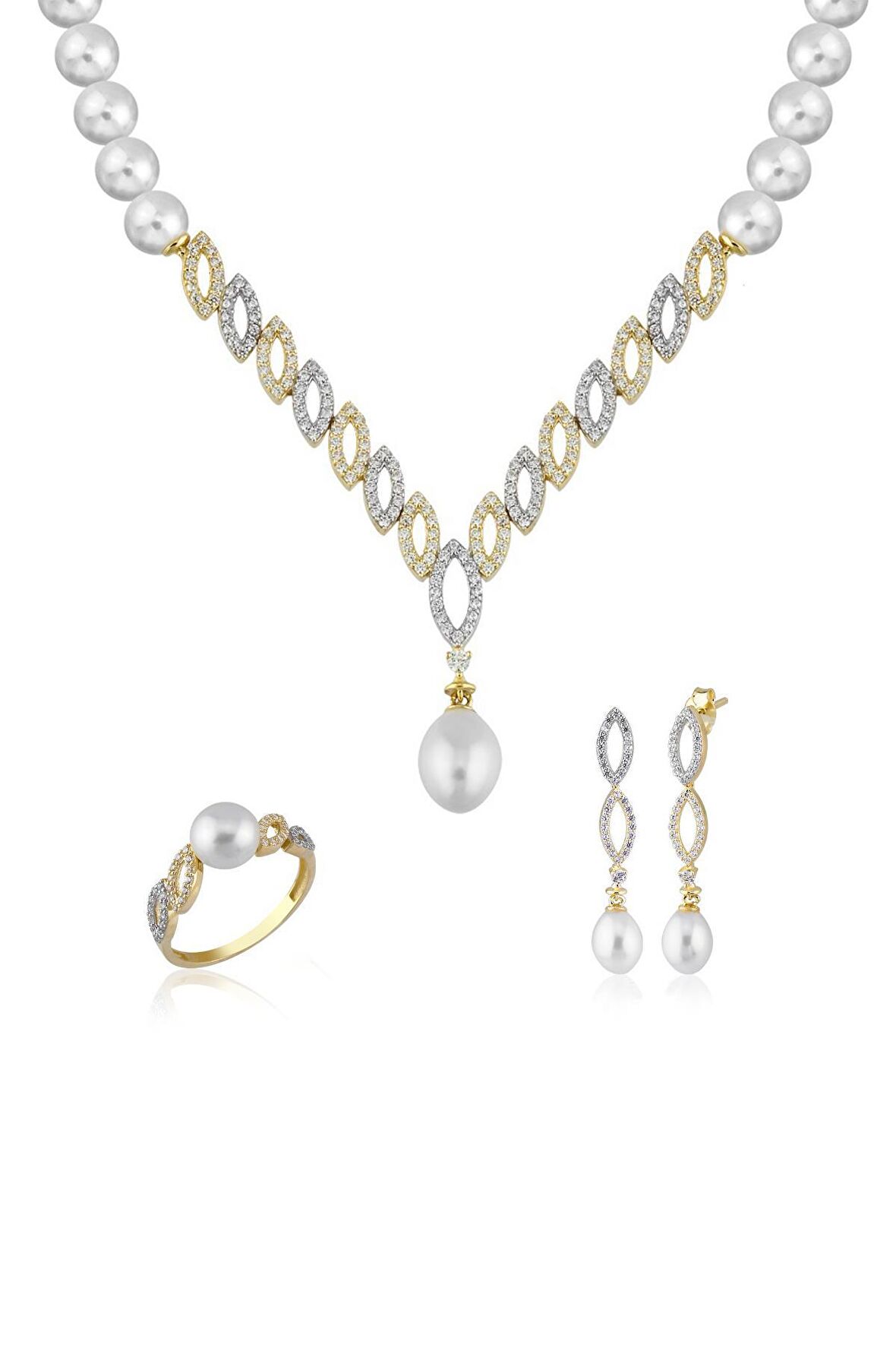 Birinci1926 14 Ayar Altın Kadın Oval Taşlı Çift Renk İnci Set