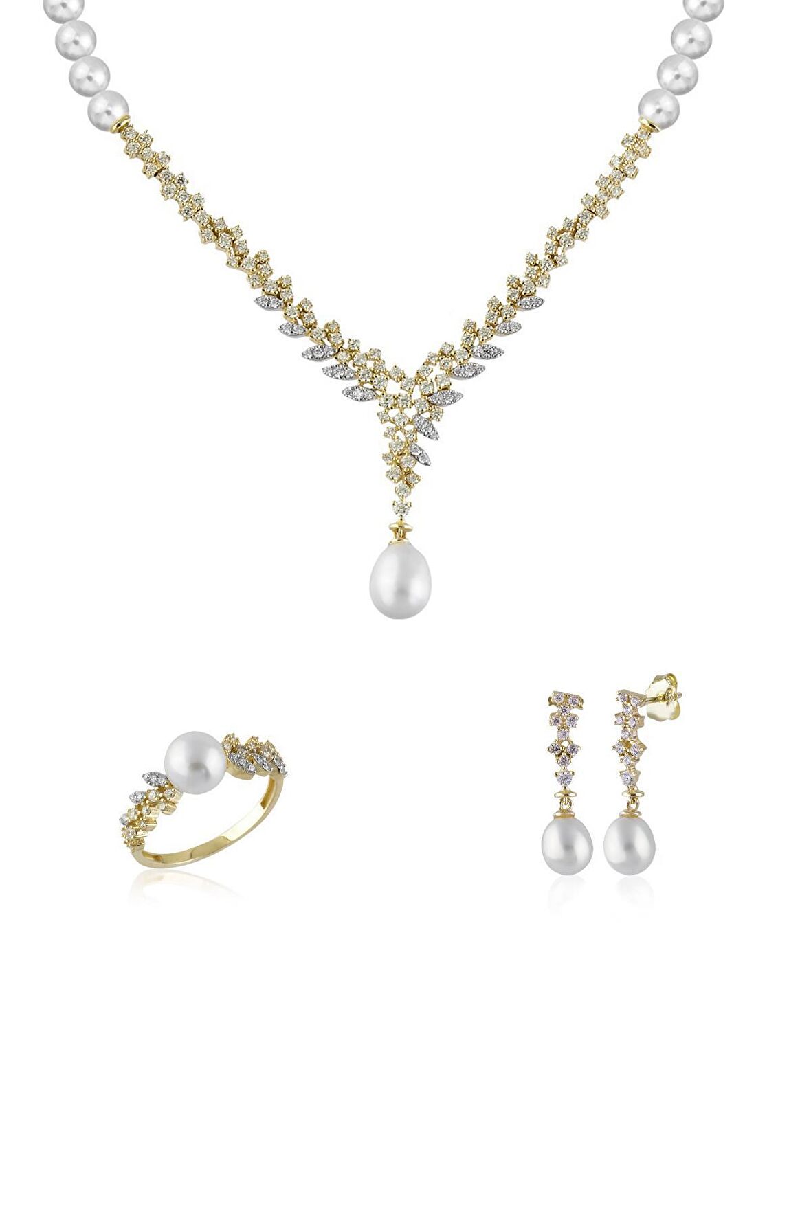 Birinci1926 14 Ayar Altın Kadın Markiz Taşlı İnci Set