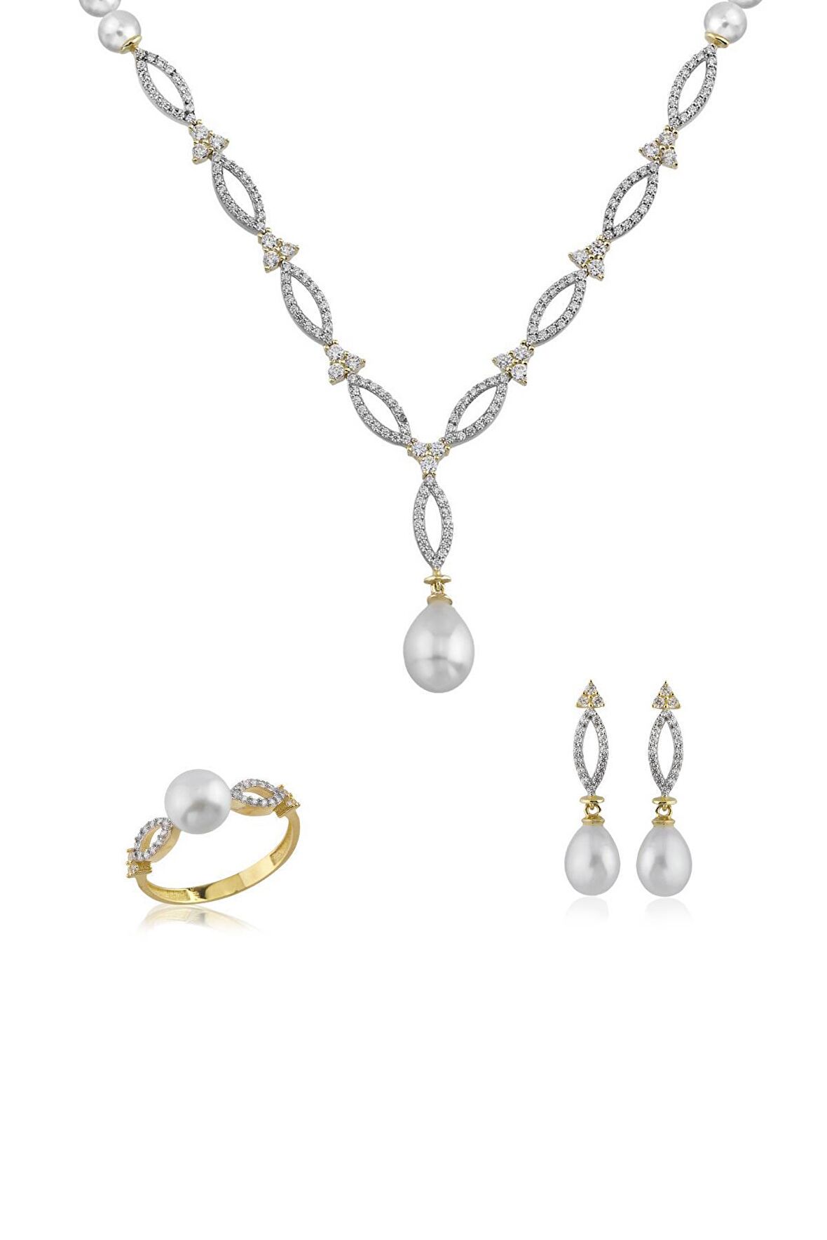 Birinci1926 14 Ayar Altın Kadın Üçgen Oval Taş İnci Set