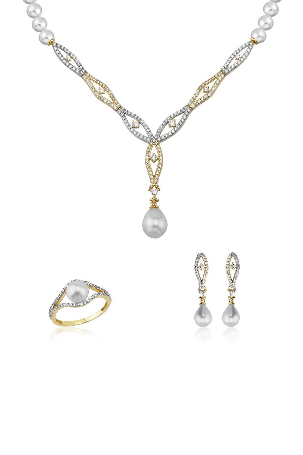 Birinci1926 14 Ayar Altın Kadın Sarı Beyaz Renk Taşlı İnci